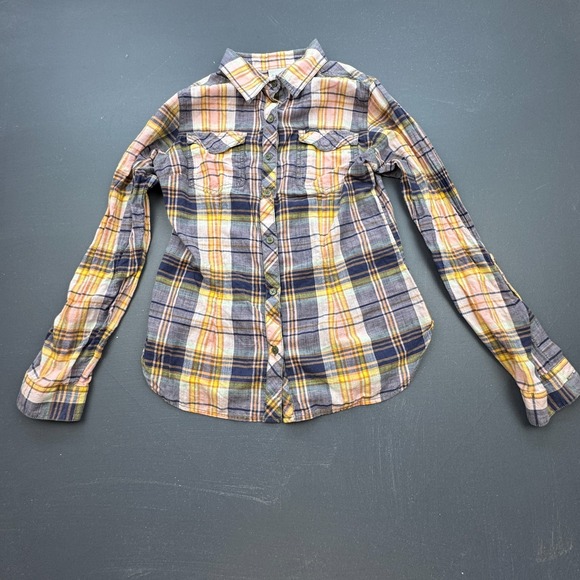 Columbia Plaid Flannel Shirt Women's Medium Long Sleeve Button Front Yellow Blue - Picture 1 of 8
